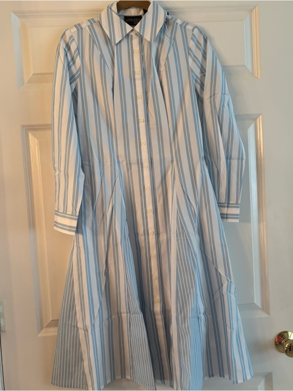 NEW Attitudes by Renee Blue and White Long Sleeve Striped Godet Shirt Dress